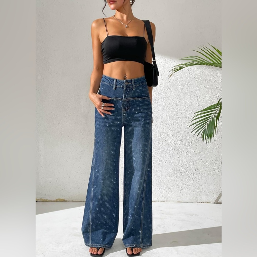 Women's Blue Wide-Leg Rhinestone Jeans